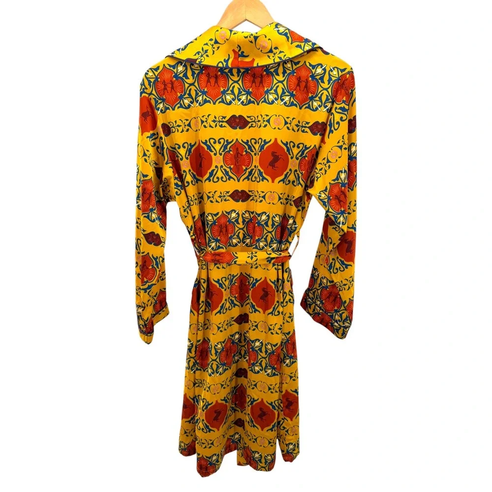 Movement of the People Yellow Heraldic Print Robe Duster XS/S Belted Pockets